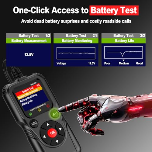 2-in-1 OBD2 Scanner Diagnostic Tool & Battery Tester for 12V Cars | Read & Clear Check Engine Code, Live Data Stream, Battery Voltage Test, Voltage Curve Monitor, Battery Health Check