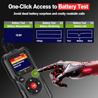 2-in-1 OBD2 Scanner Diagnostic Tool & Battery Tester for 12V Cars | Read & Clear Check Engine Code, Live Data Stream, Battery Voltage Test, Voltage Curve Monitor, Battery Health Check