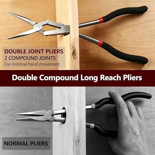 3PCS 13" Double Jointed Long Needle Nose Pliers Set, 0°/45°/90° Bent Nose Extra Long Pliers with Comfort Grips for Automotive Repair & Confined Spaces