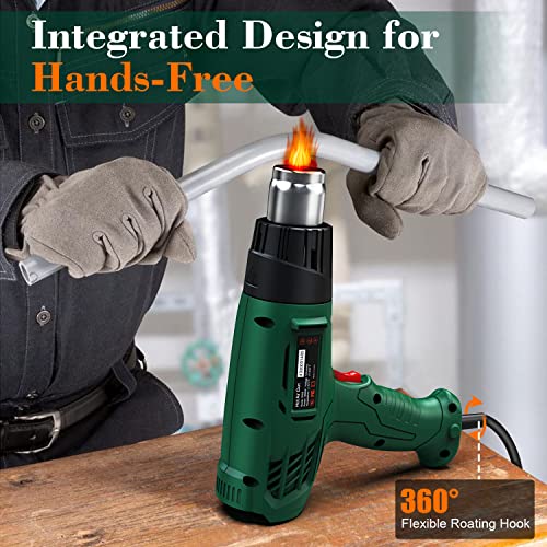 Heat Gun, Heavy Duty Hot Air Gun Kit Dual Temperature Settings 572℉~932℉ (300℃-500℃), Overload Protection with 4 Nozzles for Crafts, Shrink Wrapping/Tubing, Paint Removing, Epoxy Resin - color: Green