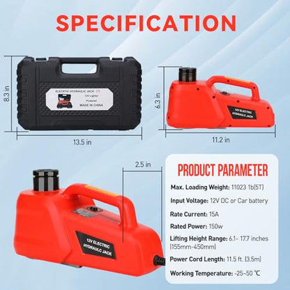 Trihelper Electric Car Jack 5 Ton 12V Hydraulic Floor Jack, 9 lbs | Fits Sedan SUV MPV Truck, Fully Automatic Lift, Wired Remote Control, Portable Storage Case, Roadside Emergency Kit - color: Red Jack Only