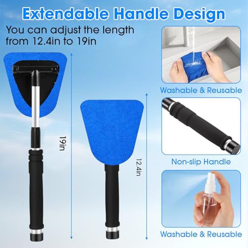 Windshield Cleaner Tool, Car Interior Cleaning Kit with Extendable Handle and 3 Reusable Microfiber Pads, Auto Glass Wiper and Detailing Brush Kit for Car & Home Window, Blue - color: Blue