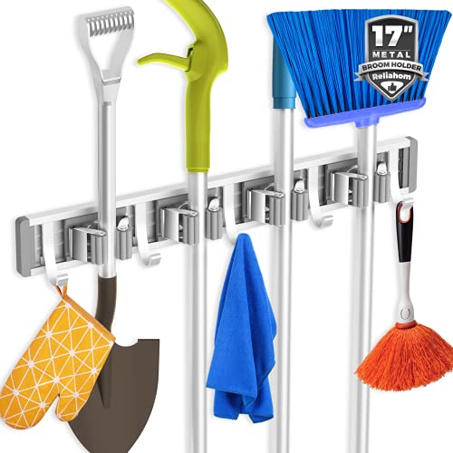 reliahom Broom Holder Wall Mount Mop Hanger Tools organizer 4Racks 5Hooks | Adjustable Mop Broom Wall Hanging Heavy duty Tools Storage Rack Space-saving for Garage,Kitchen,Laundry Room,Garden, Silver - color: Silver