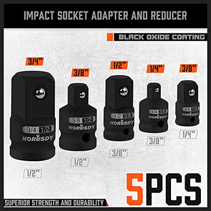 HORUSDY 5-Piece Impact Socket Adapter and Reducer Set, 1/4-Inch Hex Shank Socket to Drill Adapter 1/4", 3/8", and 1/2" Impact Driver Adapter for Power Drill & Impact Driver - style: 5-PCS Adapter Set