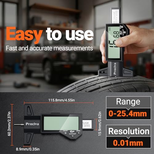 Preciva Tire Tread Depth Gauge & Brake Lining Gauge Set, Digital Tire Depth Gauge with Large LCD Display and in, MM, F Conversion, for Tread Depth, Brake Shoe and Pad Wear - color: Black