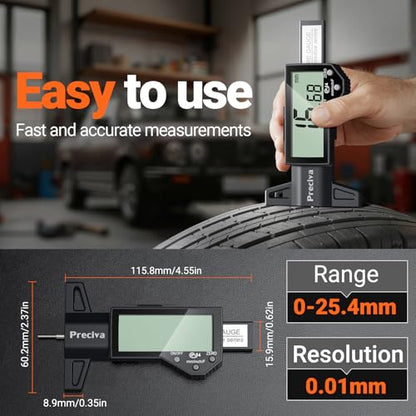 Preciva Tire Tread Depth Gauge & Brake Lining Gauge Set, Digital Tire Depth Gauge with Large LCD Display and in, MM, F Conversion, for Tread Depth, Brake Shoe and Pad Wear - color: Black
