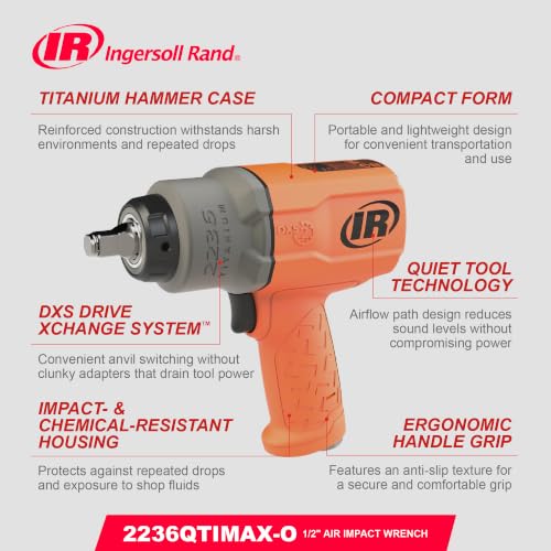 Ingersoll Rand 2236QTiMAX DXS2 1/2" Drive Air Impact Wrench, Orange - size: Standard Anvil (Single Unit), style: 2236 DXS2, Standard Anvil, Orange