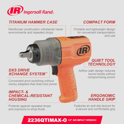 Ingersoll Rand 2236QTiMAX DXS2 1/2" Drive Air Impact Wrench, Orange - size: Standard Anvil (Single Unit), style: 2236 DXS2, Standard Anvil, Orange