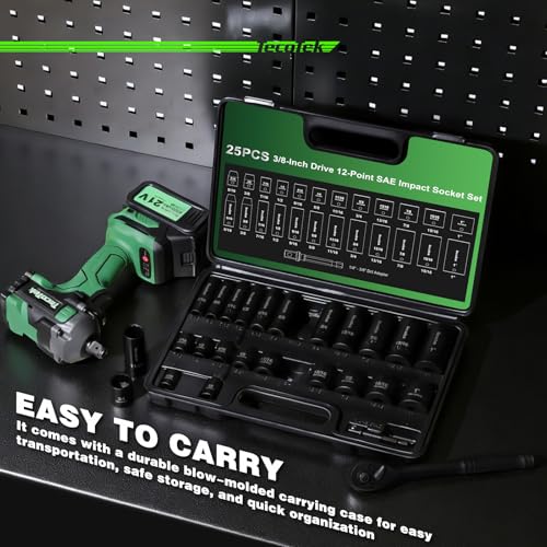 TecoTek 25 Pieces 3/8-Inch Drive Deep and Shallow 12-Point Impact Socket Set, CR-V, 5/16" - 1", SAE, 1/4"-3/8" Drill Adapter - size: 8mm-25mm(deep & Shallow)