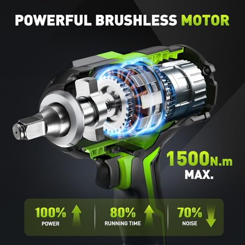 Cordless Impact Wrench 1/2 Inch, Max 1500Nm (1100Ft-lbs) Brushless High Torque Power Impact Gun with 4Ah Battery & Charger for Car Tire, Construction Work, Mower Lug Nut, 4 Sockets - style: 1500N.m with 2 Battery