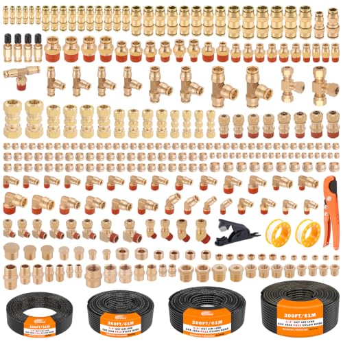 CheeMuii 300 PCS Brass DOT Air Line Fittings Pipe Fittings with 4 Rolls 200FT 1/8" 1/4" 3/8" 1/2" DOT Air Lines Kit Brass Push Lock Air Fittings Compression Air Fittings with Air Hose Pneumatic Tubing - size: 200FT-4ROLL-300PCS