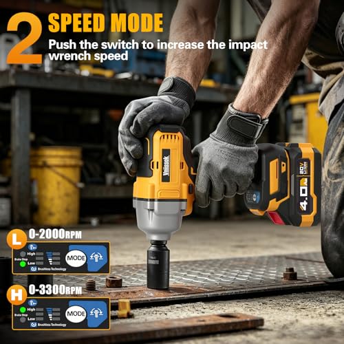 Cordless Impact Wrench, 900Ft-lbs (1200N.m) 1/2" Brushless Impact Gun with 2x 4.0Ah Battery, Fast Charger & 3 Sockets, High Torque Power Impact Driver Ideal for Car, DIY, and Truck RV/Mower (1200N.m)