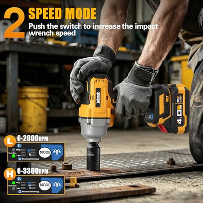 Cordless Impact Wrench, 900Ft-lbs (1200N.m) 1/2" Brushless Impact Gun with 2x 4.0Ah Battery, Fast Charger & 3 Sockets, High Torque Power Impact Driver Ideal for Car, DIY, and Truck RV/Mower (1200N.m)