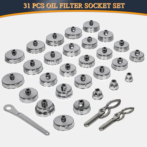 Oil Filter Wrench Set, 31PCS Oil Filter Socket Set, Oil Filter Cap Removal Tool, 1/2" Drive Stainless Steel 27mm 32mm 36mm 64mm-101mm Compatible with Volvo, BMW, Toyota, Nissan, etc