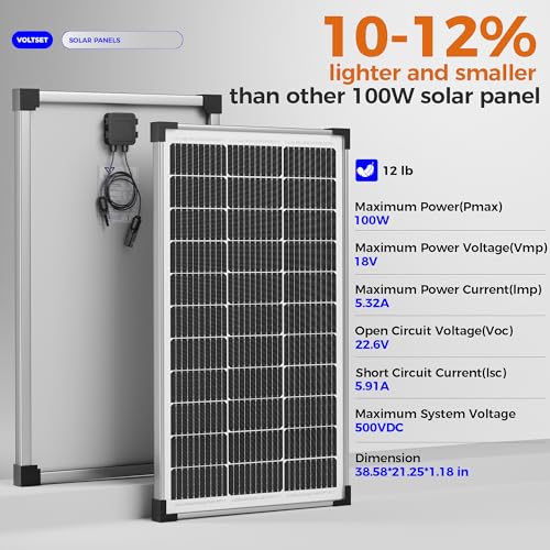 Voltset 100W 12V Solar Panel, High Efficiency 9BB Cell Monocrystalline Solar Panels IP67 Waterproof, Suitable for RV, Marine, Rooftop, Home, Yacht, Off-Grid Applications (100W Single Panel) - size: 100W