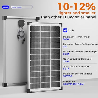 Voltset 100W 12V Solar Panel, High Efficiency 9BB Cell Monocrystalline Solar Panels IP67 Waterproof, Suitable for RV, Marine, Rooftop, Home, Yacht, Off-Grid Applications (100W Single Panel) - size: 100W