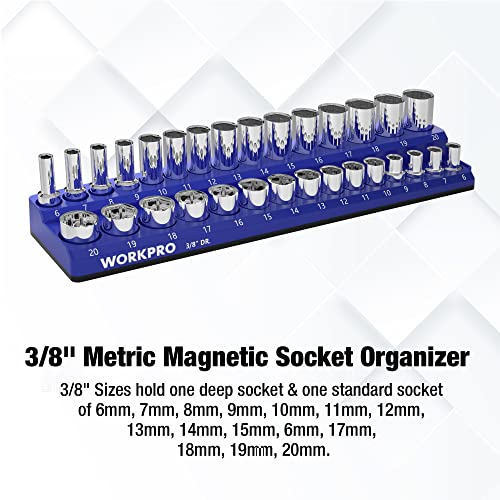 WORKPRO Magnetic Socket Organizer, 3/8-Inch Metric Socket Holder | Hold 30-Piece Sockets, Suitable for Standard and Deep Socket, Magnetic Base, No Scratches Installation, Sockets not Included - size: 3/8" DR - Metric