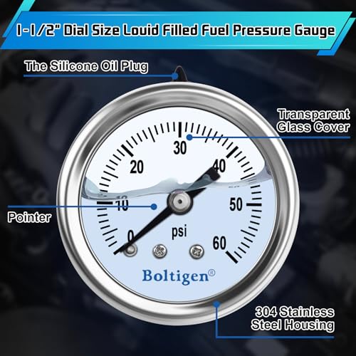 Boltigen Fuel Pressure Gauge, 3/8'' Barb Fuel Pressure Gauge Kit, 0-60psi Glycerin Filled Fuel Pressure Regulator with Gauge for Car, 1/8'' NPT Inline Fuel Pressure Guage with 1/4'' 3/8'' Converter