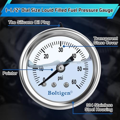 Boltigen Fuel Pressure Gauge, 3/8'' Barb Fuel Pressure Gauge Kit, 0-60psi Glycerin Filled Fuel Pressure Regulator with Gauge for Car, 1/8'' NPT Inline Fuel Pressure Guage with 1/4'' 3/8'' Converter