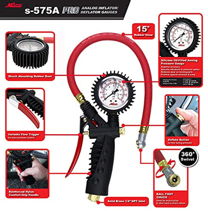 Milton S-575A Pro Analog Pistol Grip Inflator Gauge with Pressure Gauge - 15" Hose Ball Foot Chuck, Assembled in USA 230 PSI - size: Ball Foot Chuck, style: Analog