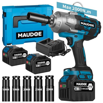 2000Nm Cordless Impact Gun, 1/2" 1500Ft-lbs Heavy Duty Impact Wrench with 2 x 6.0Ah Battery & 5 Sockets, 21V Brushless High Torque Electric Pistola Llave de Impacto for Car/Truck RV/Mower