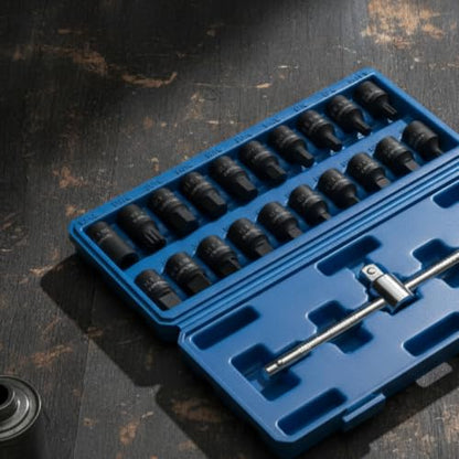 Qianly 21 Pieces Oil Drain Plug Socket Wrench Kit Molded Compartments Oil Drain Plug Socket Kit Hard Case for Mechanics, Garage