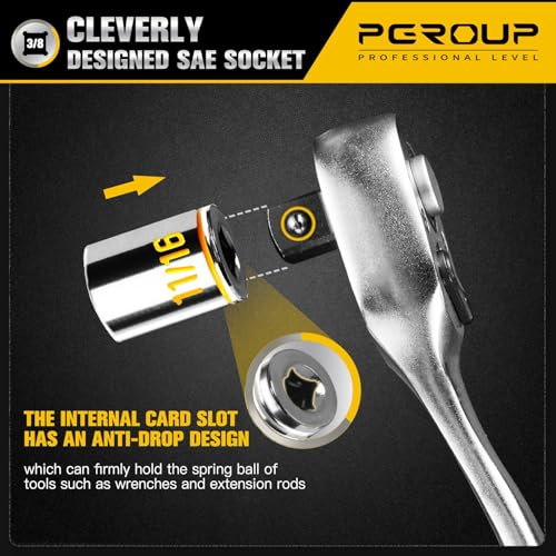 10 PCS 3/8-Inch Drive Shallow Socket Set, Standard SAE, 5/16"- 7/8", 6 Point, Embossed and Painted Marking, Mirror Chrome Finish,Cr-V Steel With Rail - size: SAE (5/16"-7/8")