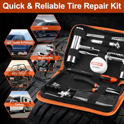 ValueMax Tire Repair Kit, 38PCS Universal Heavy Duty Car Tool Kit for Fix Punctures, Tire Plug Tools for Cars, Motorcycles, ATV, SUV, RV, Tractors, Trucks, etc.