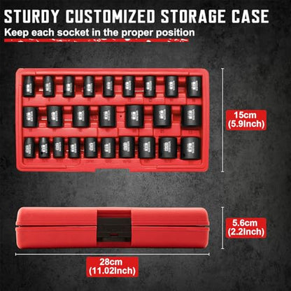 WIILDIS 26 PCS 3/8" Drive SAE and Metric Impact Socket Set, SAE 5/16” to 7/8", Metric 7mm to 22mm, Premium Cr-V Steel, 6-Point Hex Designt,Cr-V Steel - size: 26-Piece