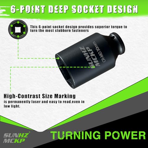 SUNHZMCKP 1/2" Drive Impact Socket, Metric 30 mm Deep 6 Point Socket, CR-MO, Axle Nut Impact Grade Socket for Easy Removal - color: Metric, size: 30 mm