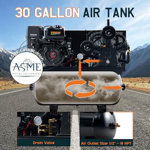 Albott 13HP Gas Air Compressor 30 Gallon Portable Horizontal Tank | 420cc Loncin Engine Max 180 PSI Pressure 3 Cylinders Cast Iron Pump Pneumatic Tool Compatible Commercial and Residential Use - size: 30 Gal