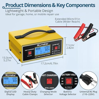 8 Volt Golf Cart Battery Charger,0-14A Smart Fully Automatic Battery Maintainer for 8V Lead Acid Batteries,6V/8V/12V/14V/16V/24V Trickle Charger for Car,Marine,Truck,AGM Gel STD & Desulfator - color: Yellow 8 Volt Battery Charger