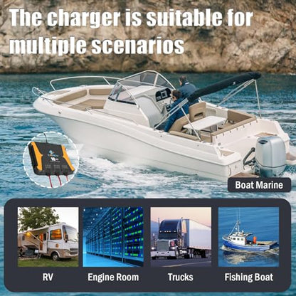 3 Bank Battery Charger 12V, 30A (10A/Bank) onboard Charger, Waterproof Marine Charger, Battery Maintainer & Desulfator for SLA/AGM, Lithium (LiFePO4), Calcium & Deep-Cycle Battery - Charged 24/7