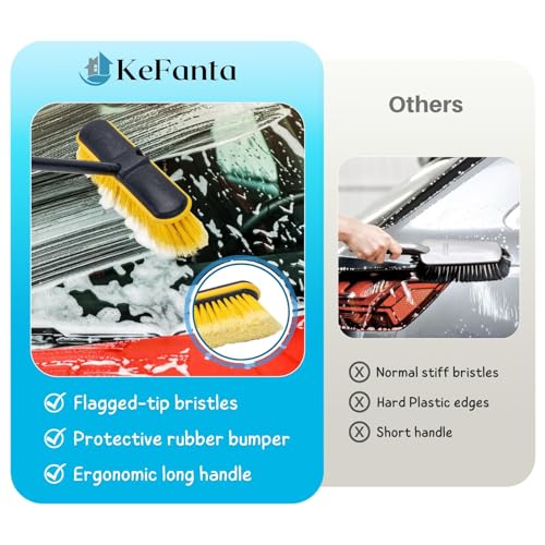 Car Wash Brush with Long Handle, 55'' Vehicles Exterior Washing Supplies, Soft Bristle Scrub Broom for Solar Panel, Boat, RV, Truck, Deck Cleaning, 2 Wax Applicator Pads Included