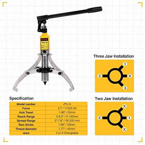 Hydraulic Gear Puller, 5 Ton Hydraulic Puller Kit Bearing Puller with Case 2 or 3 Jaws Bearing Hub Separator Hydraulic Puller Separator Tool for Pulling Hubs, Bearings, Gears, ZYL-5 - size: 5 Ton