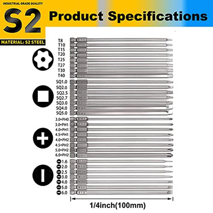 30 Pcs Long Screwdriver Bits for Drill Set, Mixiflor 1/4 Inch Hex Shank S2 Steel Magnetic 4 Inch Long Drill Bits with Storage Box(Slotted+Cross+Square +Torx) - style: Combination (Slotted+Cross+Square +Torx)