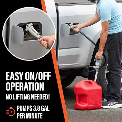 Deway Automatic Fuel Transfer Pump with Nozzle for Quick Flow Control & Stop, 51" Heavy Duty Rubber Hose, Powerful AA Battery Powered w/USB-C Option, Fits All Size Cans, Transfers at 3.8 Gal/Min - style: Hand-Trigger Nozzle w/ Rubber Hose