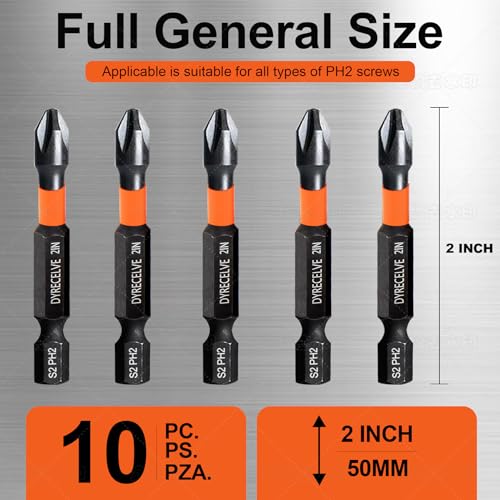 DYRECELVE 10-Piece Phillips Bits #2 Impact, 2-Inch Screwdriver Bits Set | Magnetic PH2 Phillips Head Drill Bits, S2 Steel, 1/4" Hex Shank for Impact Drivers and Drills, Furniture Assembly and Repair - color: 2'' Ph2 10-pcs