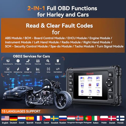 iCarsoft MT V6 Motorcycle Diagnostic Scan Tool for Harley, 57 Reset Services, 43 Actuation Test, Battery Test, All Motorbike System Diagnose, Read/Clear Codes, Live Data,Also Car OBD2 Diagnose