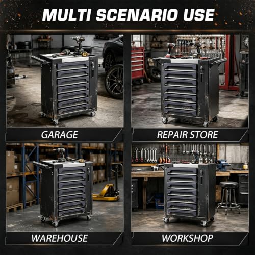 7-Drawer Rolling Tool Chest, Tool Box Lockable Metal Tool Cabinet with Side Storage Cabinet, Ball Bearing Slides Steel Organizer,Heavy-Duty Powder-Coated Tool Cart for Garage Workshope, Grey - size: 7 Drawers- Grey