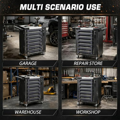 7-Drawer Rolling Tool Chest, Tool Box Lockable Metal Tool Cabinet with Side Storage Cabinet, Ball Bearing Slides Steel Organizer,Heavy-Duty Powder-Coated Tool Cart for Garage Workshope, Grey - size: 7 Drawers- Grey