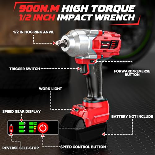 DIYtoolifz Cordless Impact Wrench 1/2" Compatible with Milwaukee 18v Battery, 750 Ft-lbs High Torque Impact Driver with 6Pcs Sockets & Storage Case, Impact Gun with 4-Speed & LED Light(Bare Tool)