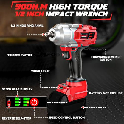 DIYtoolifz Cordless Impact Wrench 1/2" Compatible with Milwaukee 18v Battery, 750 Ft-lbs High Torque Impact Driver with 6Pcs Sockets & Storage Case, Impact Gun with 4-Speed & LED Light(Bare Tool)