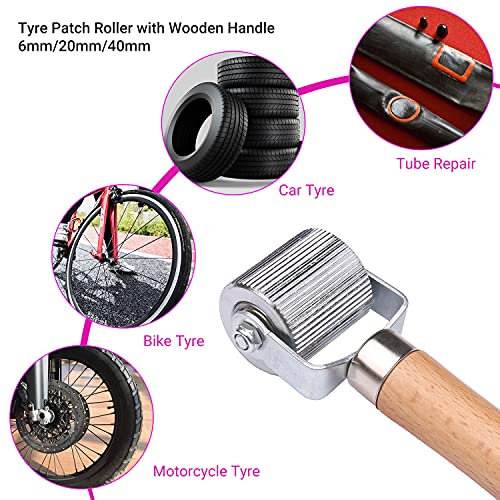 HXBER Tire Patch Stitching Tool,Tyre Patch Roller with Wooden Handle 6mm/20mm/40mm Tire Stitcher Tube Repair Tool for Fixing Flats