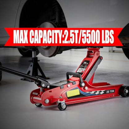 LARBANKE 2.5 Ton Floor Jack, 5500 lbs Capacity Low Profile Floor Jack, with 2 Rubber Pads, Lifting Range 3.35" to 14.96", for Sedans, Pickups, MPVs, Red