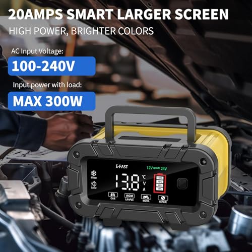 E-FAST 20A Smart Car Battery Charger, 12V 24V Maintainer & Desulfator - Compatible with LiFePO4 Lithium, AGM, Gel, SLA, Deep Cycle - High-Power Trickle Charger for Car, Truck, RV, Boat, Marine