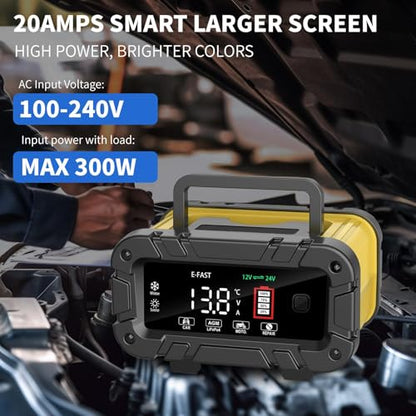 E-FAST 20A Smart Car Battery Charger, 12V 24V Maintainer & Desulfator - Compatible with LiFePO4 Lithium, AGM, Gel, SLA, Deep Cycle - High-Power Trickle Charger for Car, Truck, RV, Boat, Marine