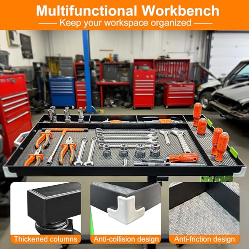Adjustable Height Mobile Work Table with Rolling Wheels | Rolling Tray Table, For Mechanics, Garages, Repair Shops, Warehouse, Workshop, DIY