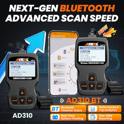 ANCEL AD310 BT OBD2 Scanner with Bluetooth APP Upgraded AD310, Car Code Reader with Battery Voltage Monitor, Live Data, I/M Readiness, DTC Lookup Check Engine Code Reader for 1996+ Vehicles