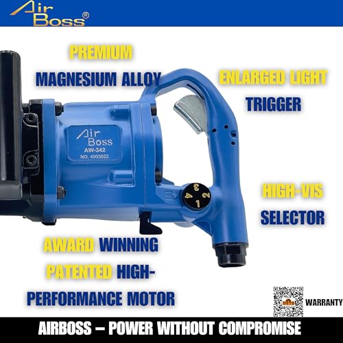 Airboss AW-280GS 1" Air Impact Wrench, 2,200 ft-lbs Max Torque, Short Anvil Twin Hammer, Magnesium Alloy, High Torque Heavy Duty 1" Impact Pneumatic Tool for Semi Truck Tires, Fleet Service - size: Aw-280 2200ft-lb Standard Anvil